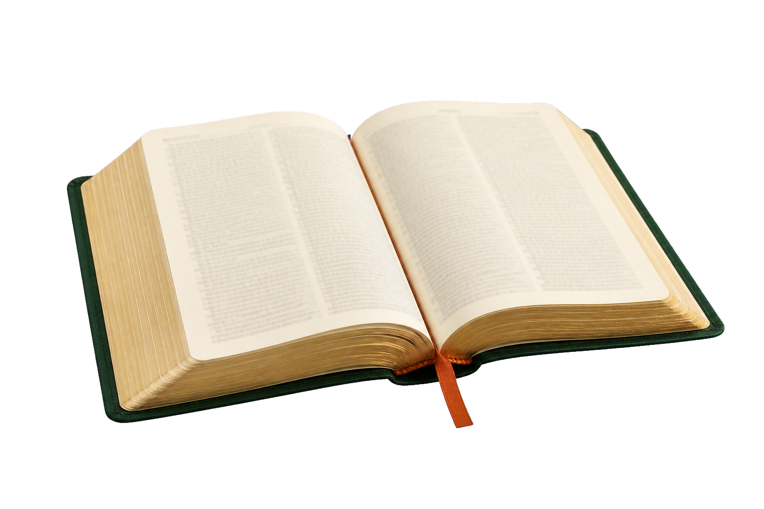 An open Bible with gilded page edges and a green cloth cover