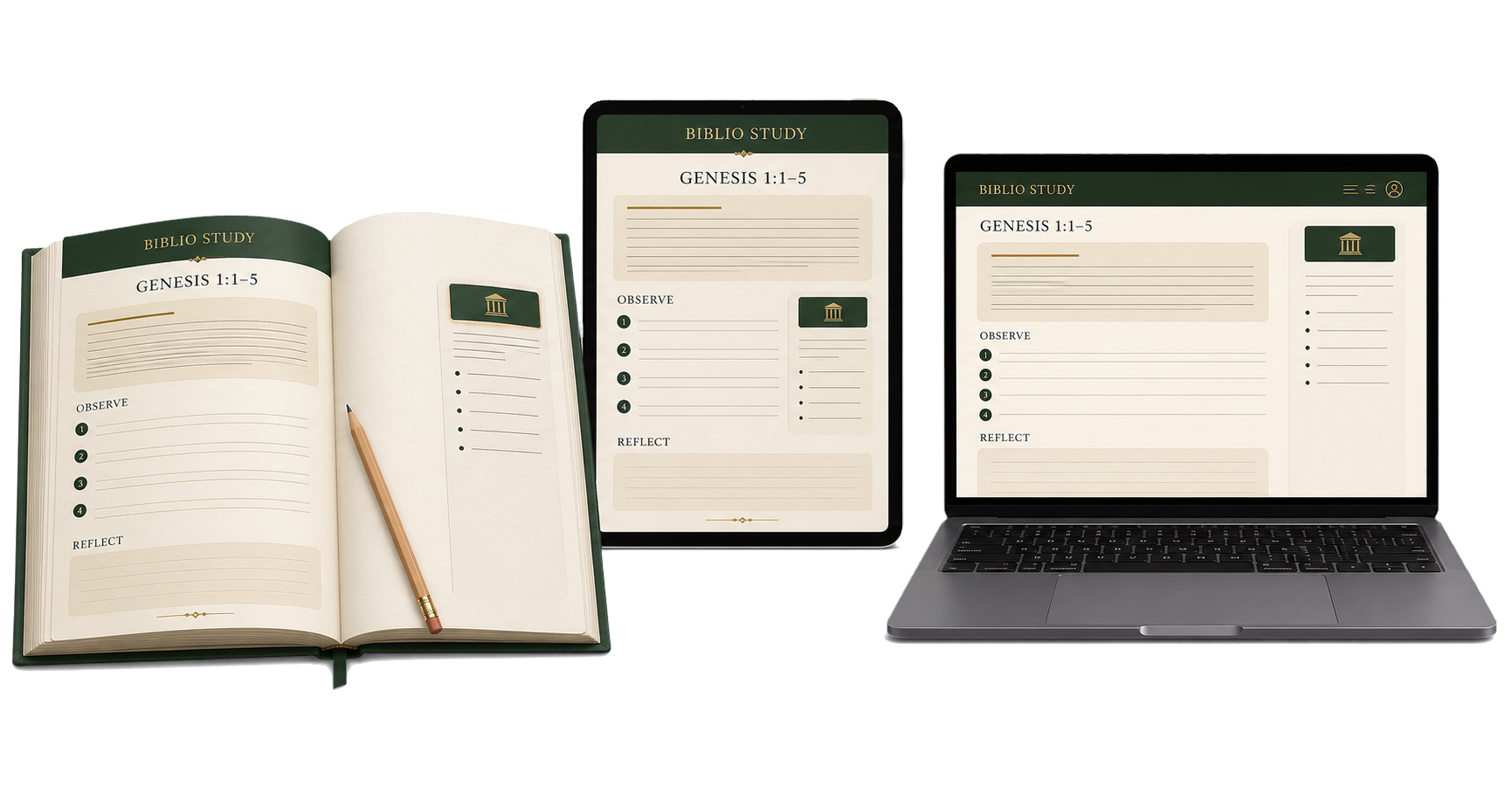 The same Biblio Study lesson shown as a printed workbook, a PDF on a tablet, and an online lesson on a laptop